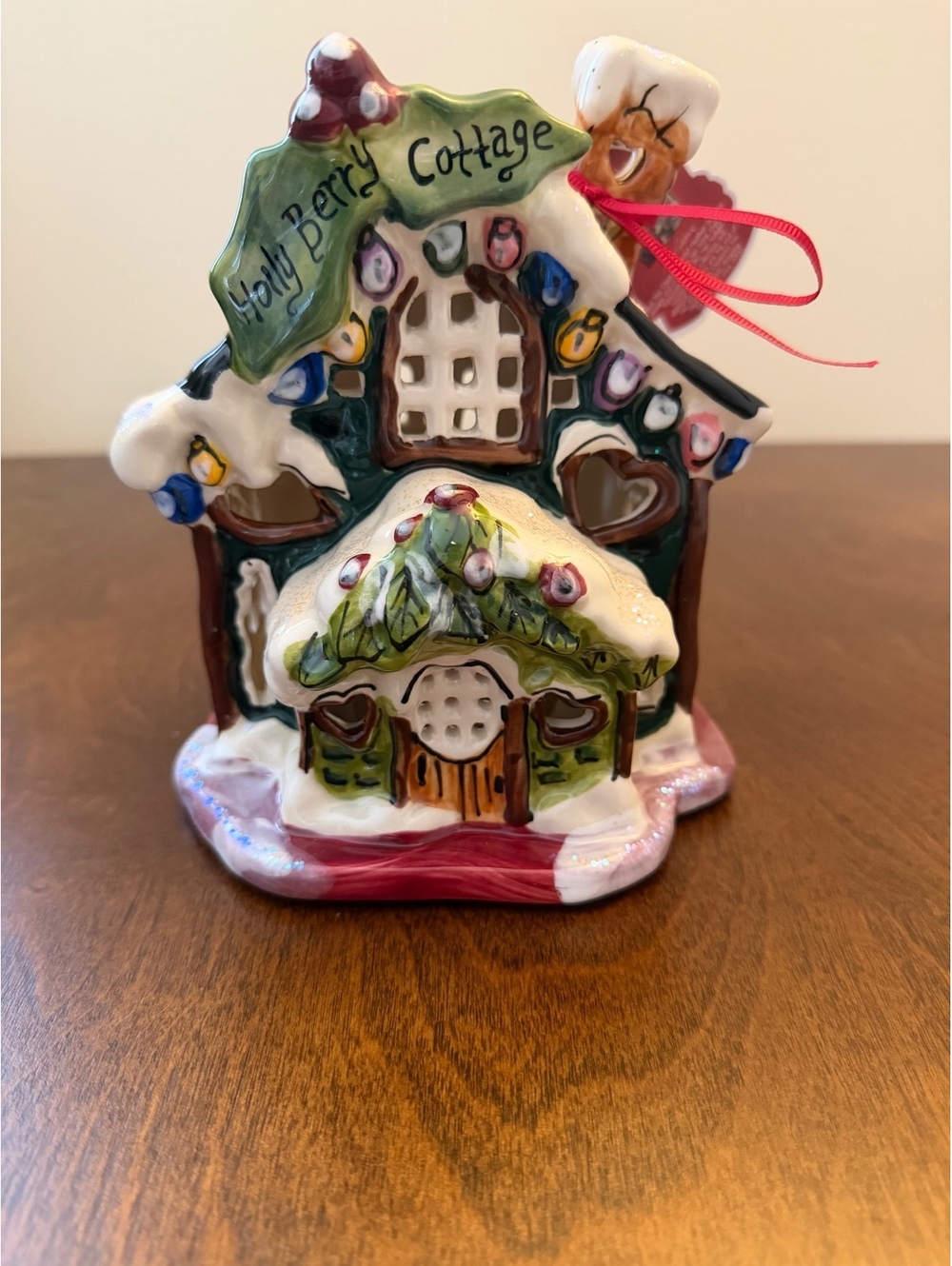 Holly Berry Cottage Candle House Ceramic Candle Holder by Heather Goldminc